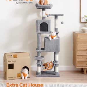 Feandrea Cat Tree, 61-Inch Cat Tower for Indoor Cats, Plush Multi-Level Cat Condo with 5 Scratching Posts, 2 Perches, 2 Caves, Hammock, 2 Pompoms, Light Gray UPCT192W01