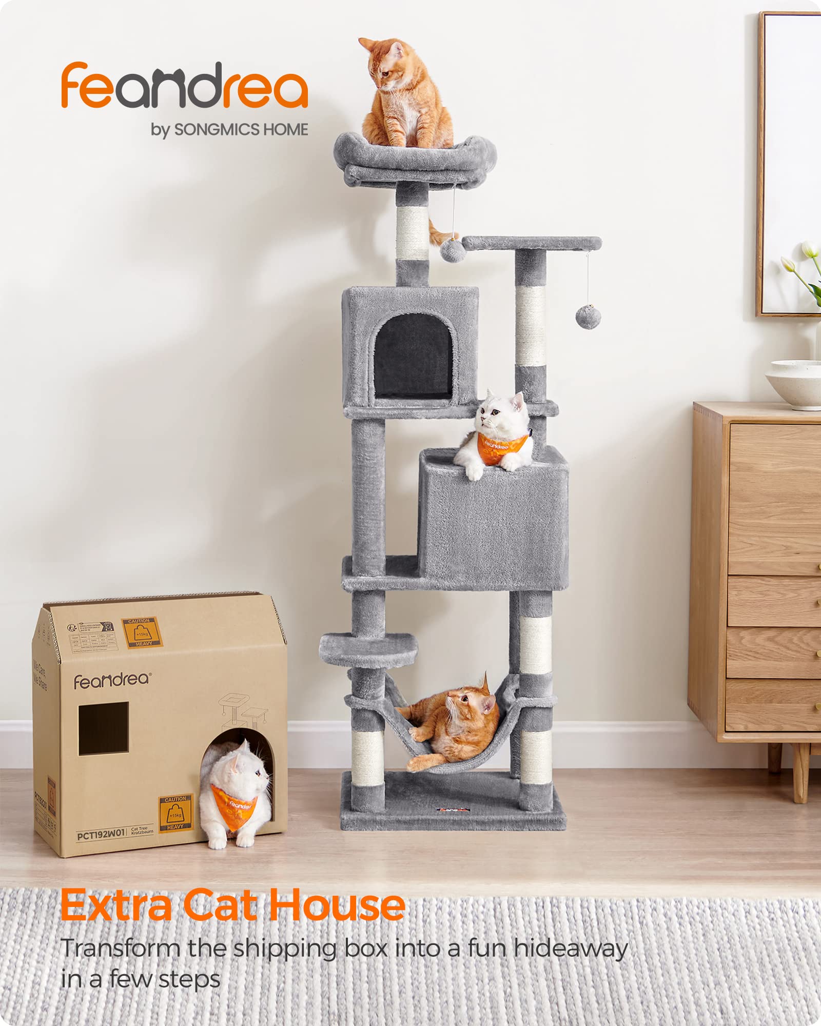 Feandrea Cat Tree, 61-Inch Cat Tower for Indoor Cats, Plush Multi-Level Cat Condo with 5 Scratching Posts, 2 Perches, 2 Caves, Hammock, 2 Pompoms, Light Gray UPCT192W01