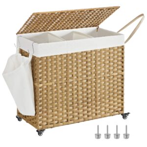 songmics laundry hamper with lid, 42.3 gallons (160 l), rolling laundry basket with wheels, 3-section synthetic rattan, removable liner, bedroom, 27.6 x 14.2 x 26 inches, natural ulcb365n01