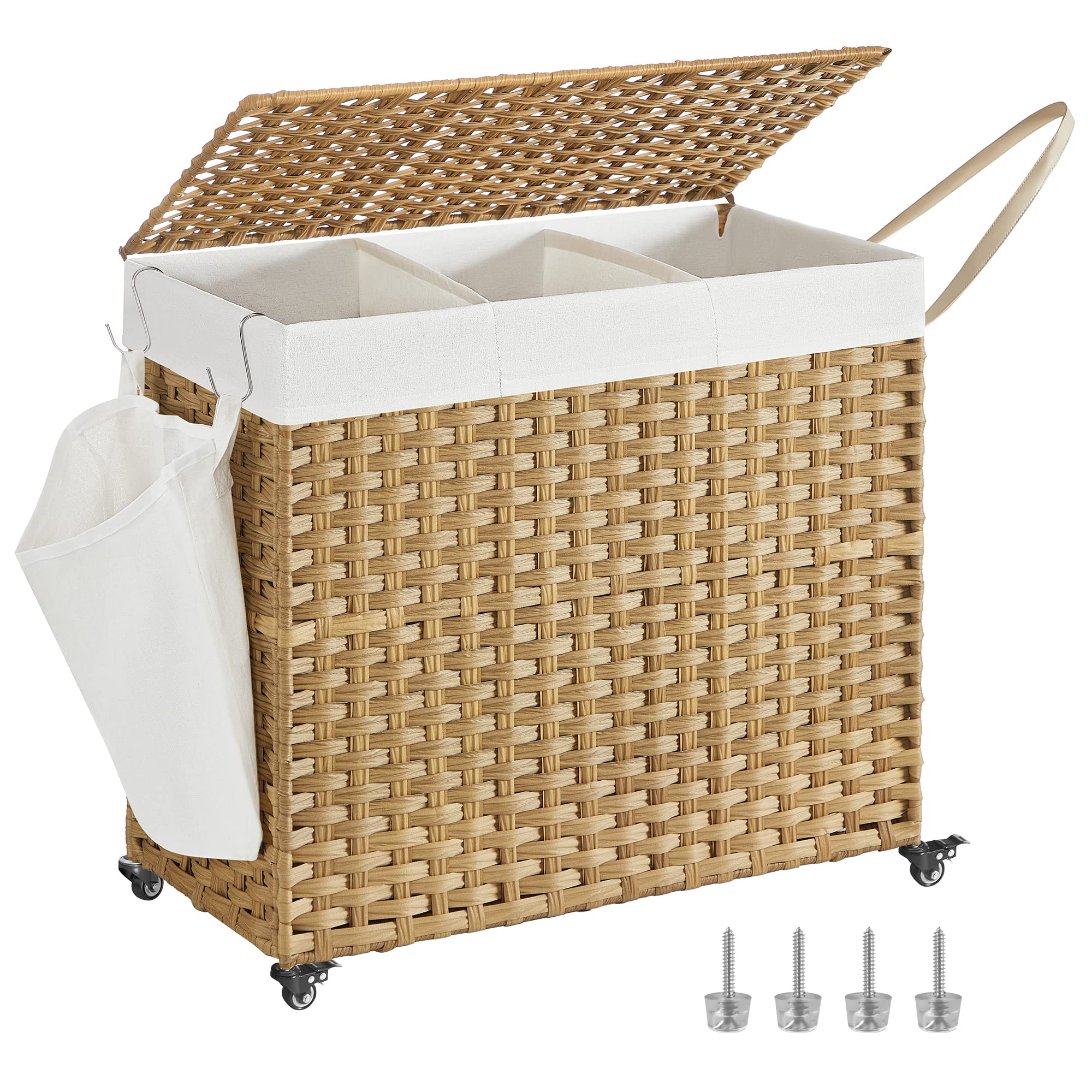 SONGMICS Laundry Hamper with Lid, 42.3 Gallons (160 L), Rolling Laundry Basket with Wheels, 3-Section Synthetic Rattan, Removable Liner, Bedroom, 27.6 x 14.2 x 26 Inches, Natural ULCB365N01