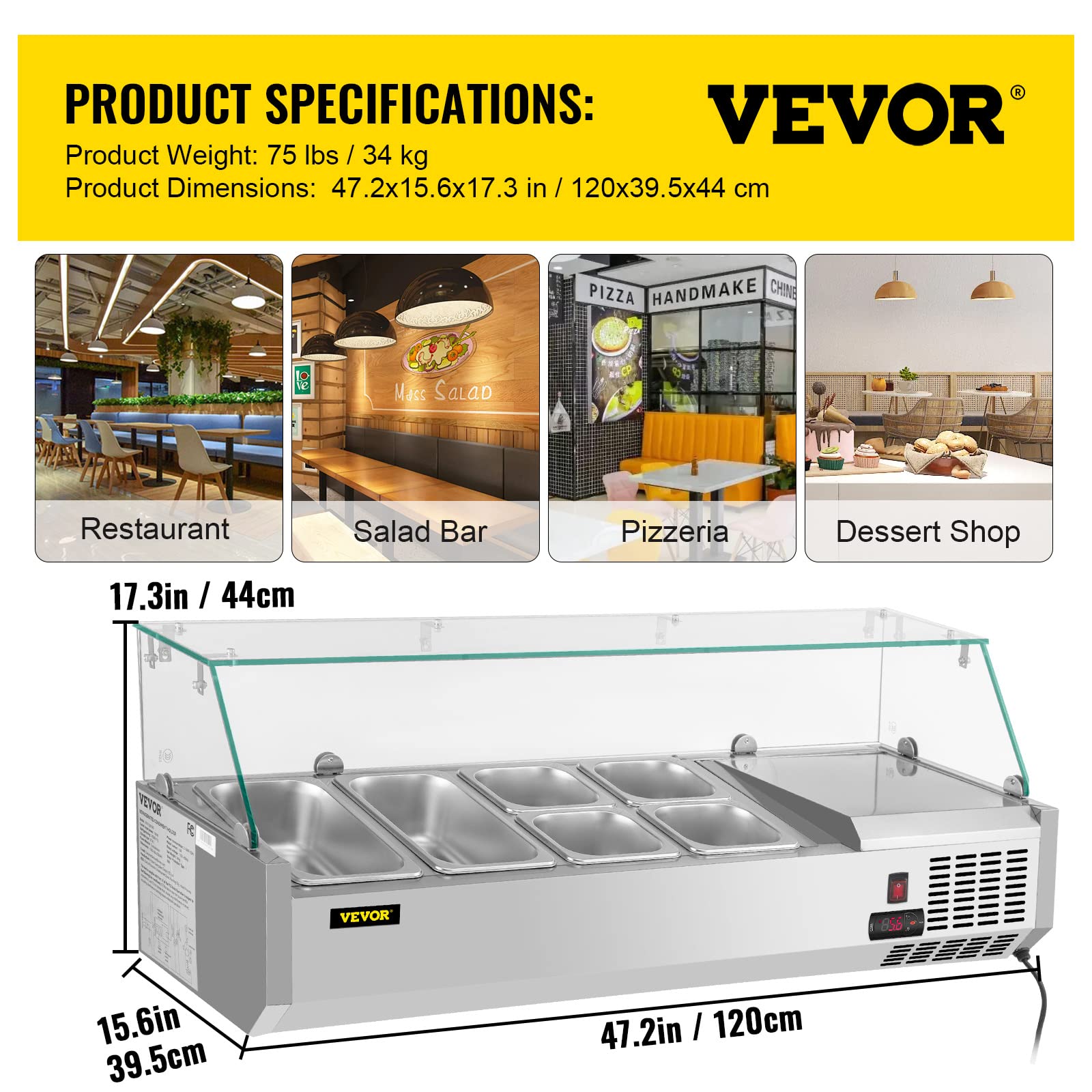 VEVOR Refrigerated Condiment Prep Station, 48-Inch, 10.8Qt Sandwich Prep Table with 2 1/3 Pans & 4 1/6 Pans, 146W Salad Bar with 304 Stainless Body Tempered Glass Shield Digital Temp Display Auto Defr