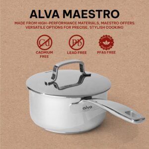 Alva Maestro Stainless Steel Saucepan with Lid Non Toxic Induction Compatible 2 Qt 6.3" PFAS, PFOA & PFTE Free, for Cooking Pan Set, Induction Safe, Add to Your Pots and Pans Set Cookware