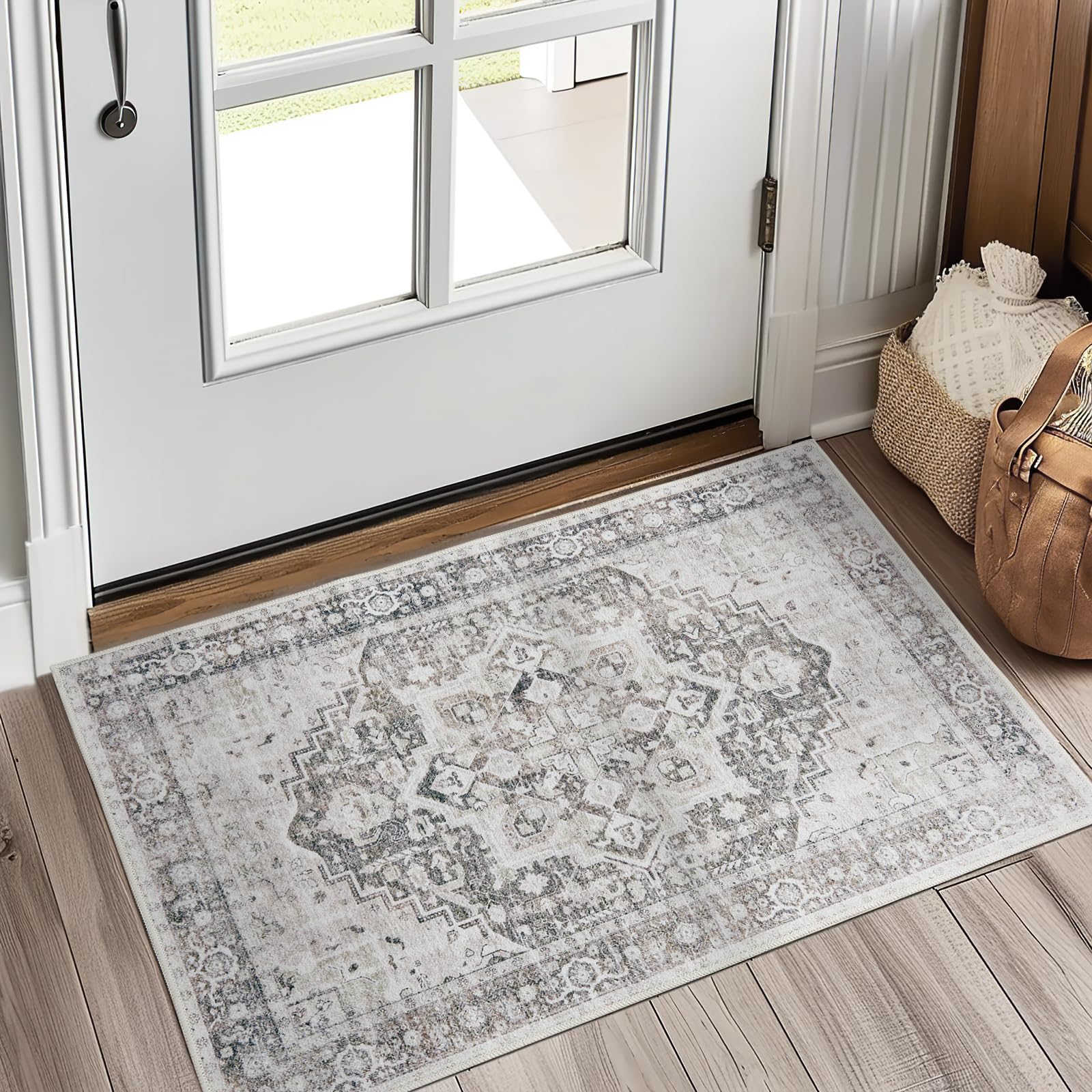 jinchan Area Rug 2x3 Entryway Rug Indoor Vintage Washable Rug Distressed Carpet Thin Doormat Non-Slip Accent Rug Lightweight Bathroom Kitchen Living Room Bedroom Greige