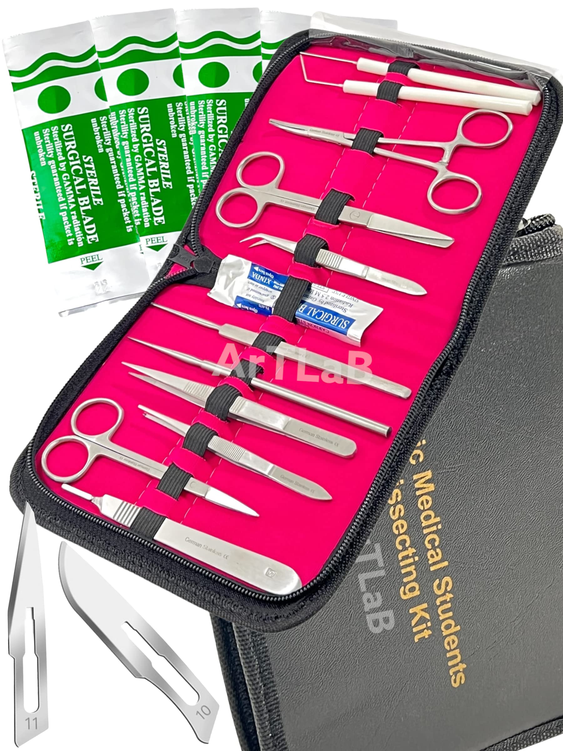 New Premium Stainless Steel Biology Lab/Anatomy/Medical Student Dissection Kit Set - Scalpel Knife Handle,Blades, Forceps, Scissors and Tweezers- Student Use and Veterinary (Set of 27 Each)