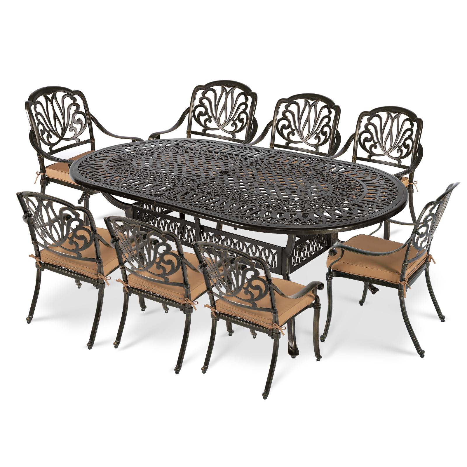 VIVIJASON 9-Piece Outdoor Furniture Dining Set, All-Weather Cast Aluminum Patio Conversation Set, Include 8 Cushioned Chairs and an Oval Table with Umbrella Hole for Balcony Lawn Garden Backyard