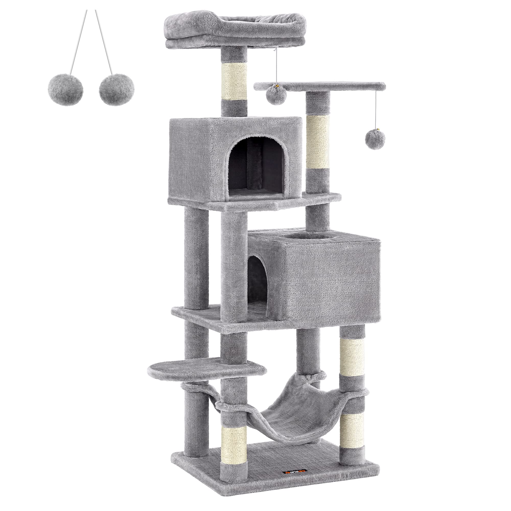 Feandrea Cat Tree, 61-Inch Cat Tower for Indoor Cats, Plush Multi-Level Cat Condo with 5 Scratching Posts, 2 Perches, 2 Caves, Hammock, 2 Pompoms, Light Gray UPCT192W01