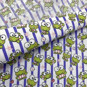 AMORNPHAN 44 Inch Green Keroro Happy Frog Cartoon Purple Stripes Printed On White Cotton Fabric Themed Pattern with Frogs for Craft Decorative Kid Patchwork Handmade Sewing Crafting for 1 Yard