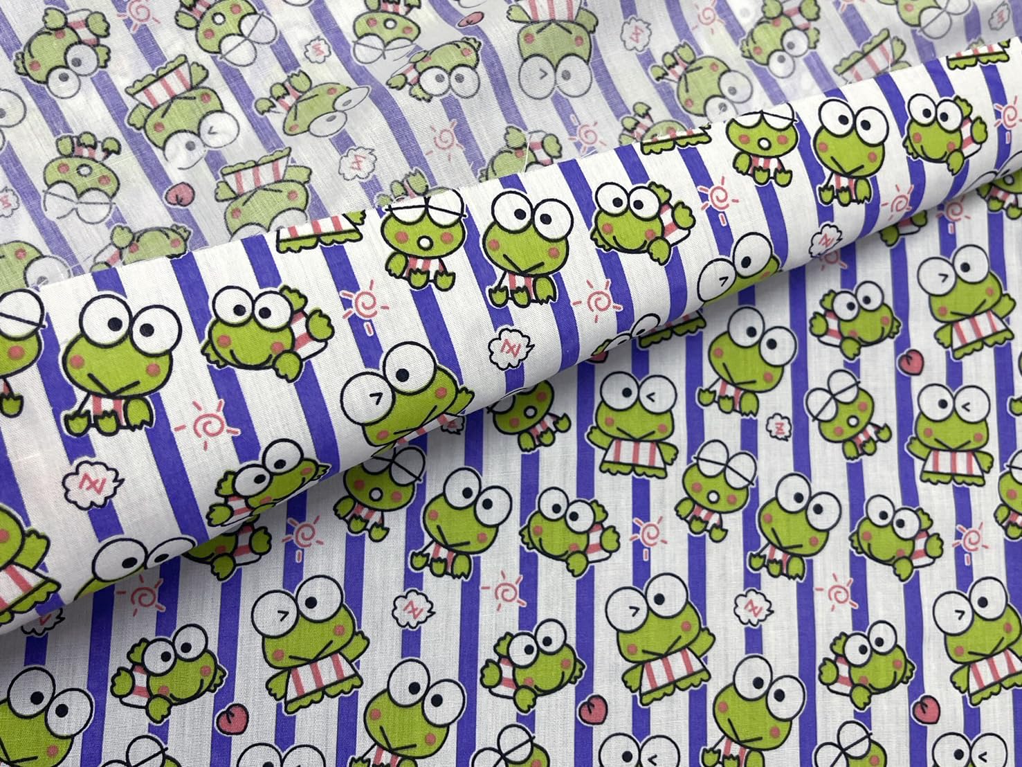 AMORNPHAN 44 Inch Green Keroro Happy Frog Cartoon Purple Stripes Printed On White Cotton Fabric Themed Pattern with Frogs for Craft Decorative Kid Patchwork Handmade Sewing Crafting for 1 Yard