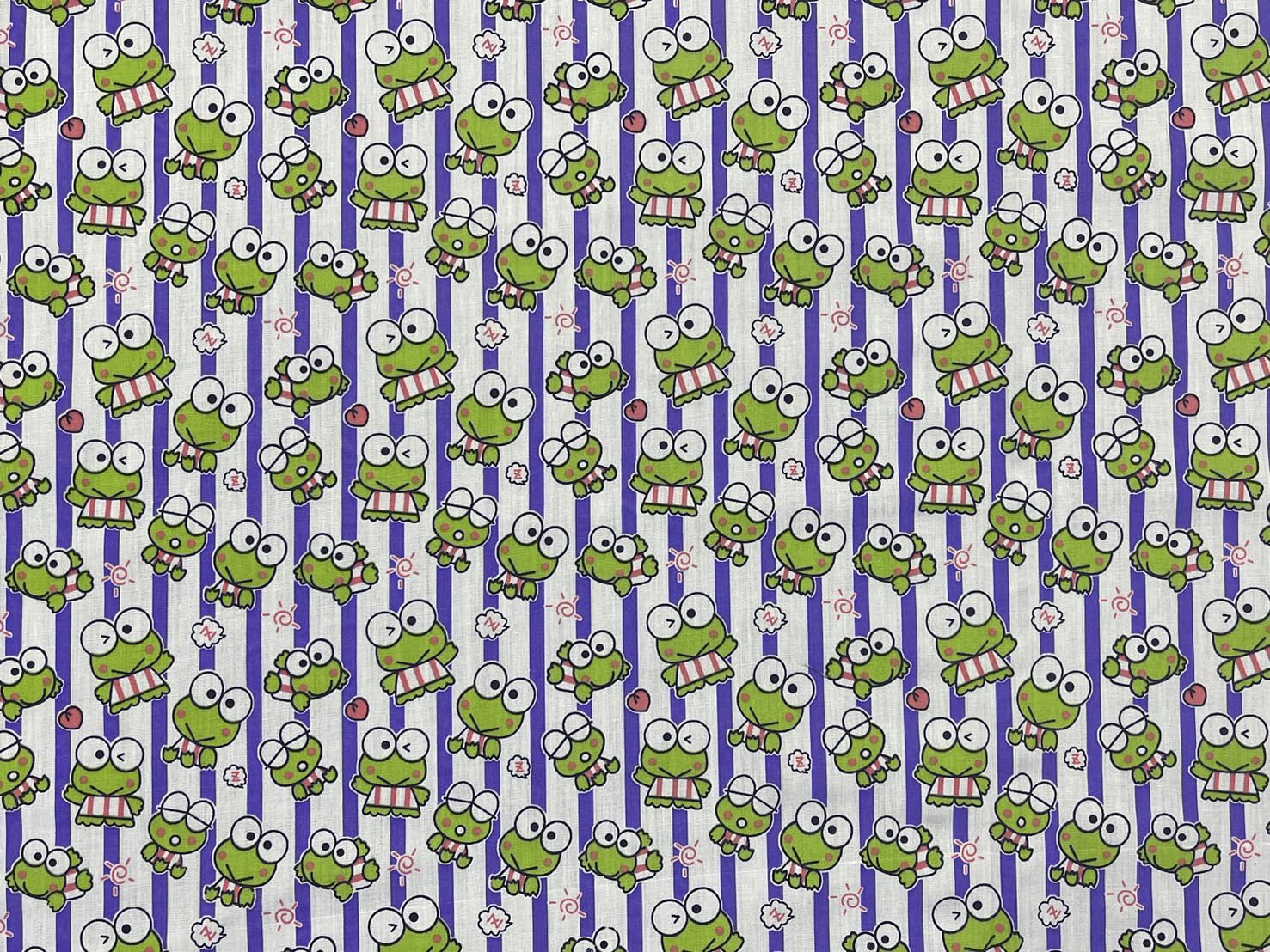 AMORNPHAN 44 Inch Green Keroro Happy Frog Cartoon Purple Stripes Printed On White Cotton Fabric Themed Pattern with Frogs for Craft Decorative Kid Patchwork Handmade Sewing Crafting for 1 Yard