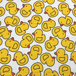 AMORNPHAN 44 Inch Yellow Bird Happy Rubber Duck Printed On White Cotton Fabric Themed Pattern with Ducks for Craft Cloth Kid Patchwork Handmade Sewing Crafting for 1 Yard