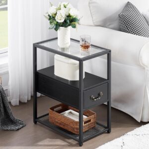 vecelo tall end side tables living room modern narrow nightstand with drawer and shelf for bedroom office,tempered glass, black