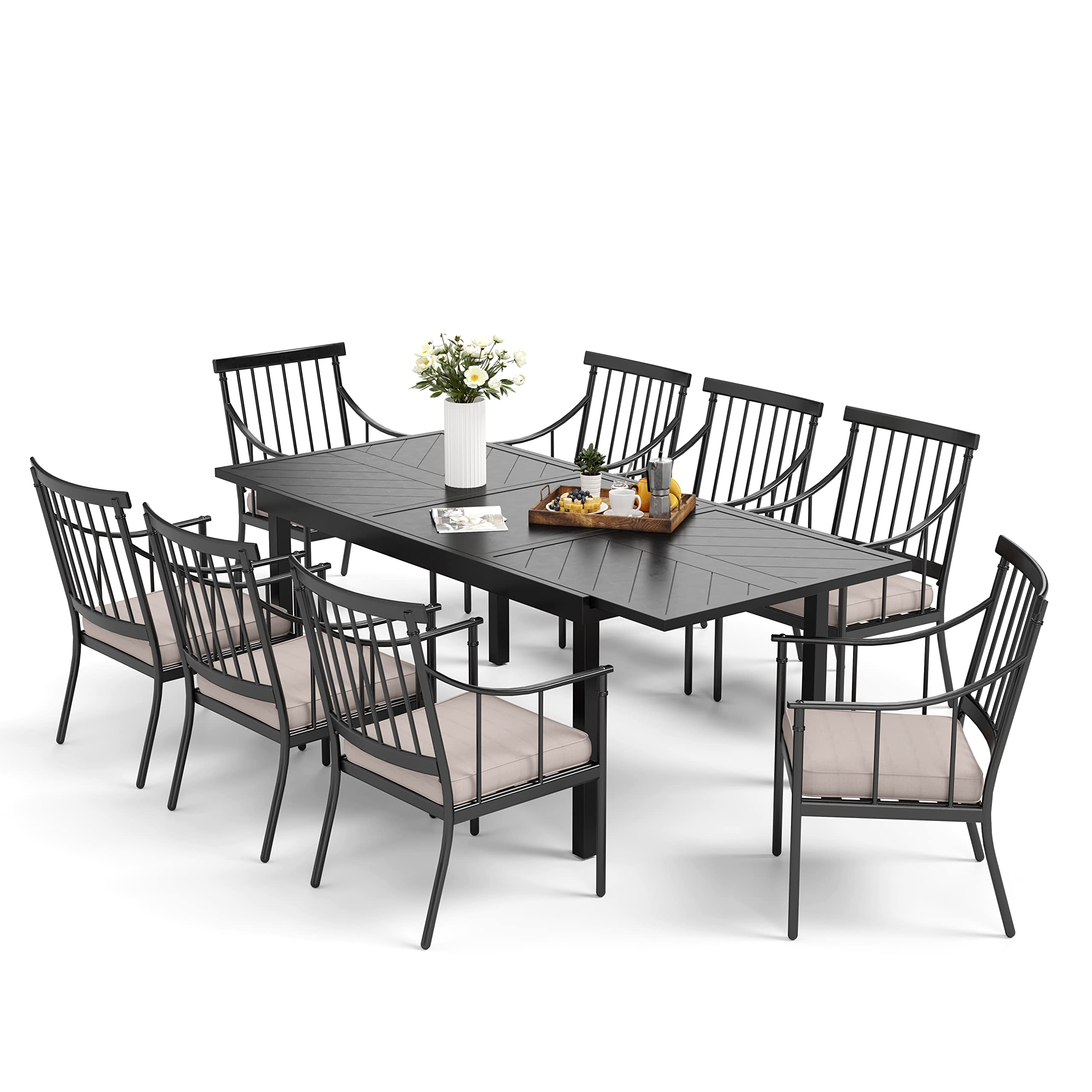 MFSTUDIO 9PCS Outdoor Patio Dining Set with 8 Metal Chairs and Expandable Rectangular Dining Table for 6-8 People, Patio Conversation Set for Deck, Yard, Garden