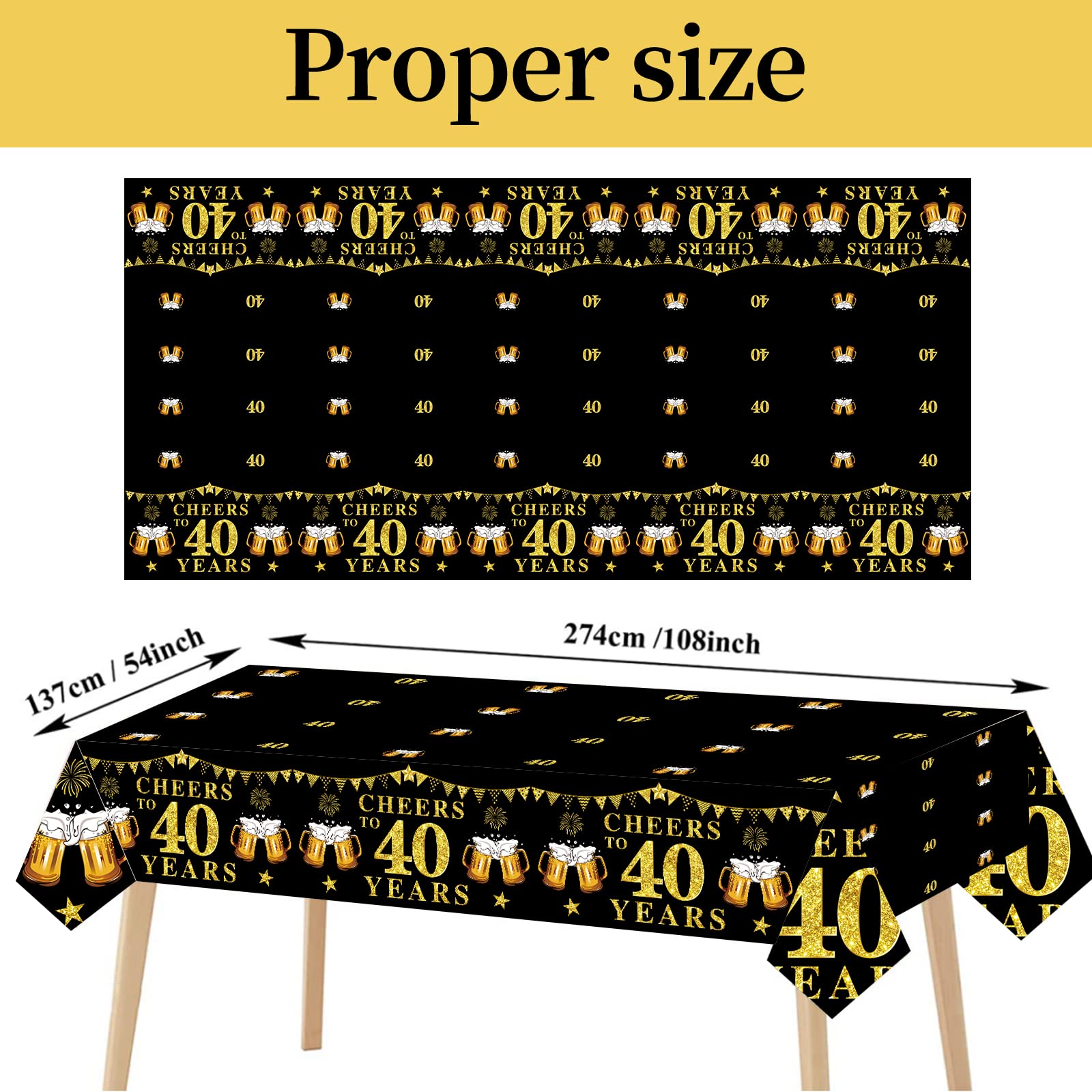 Turypaty 3 Pack Black Gold 40th Birthday Tablecloth Decorations for Men Women, Cheers to 40 Years Table Cover Party Supplies, Forty Years Old Birthday Anniversary Disposable Rectangular Table Ware