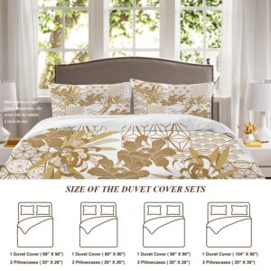 Shrahala Gold Japanese Floral Duvet Cover Set Queen Size, Spring 3 Pieces Soft Brushed 100% Cotton Duvet Covers with Button Closure, 1 Duvet Cover 90x90 inches and 2 Pillow Shams