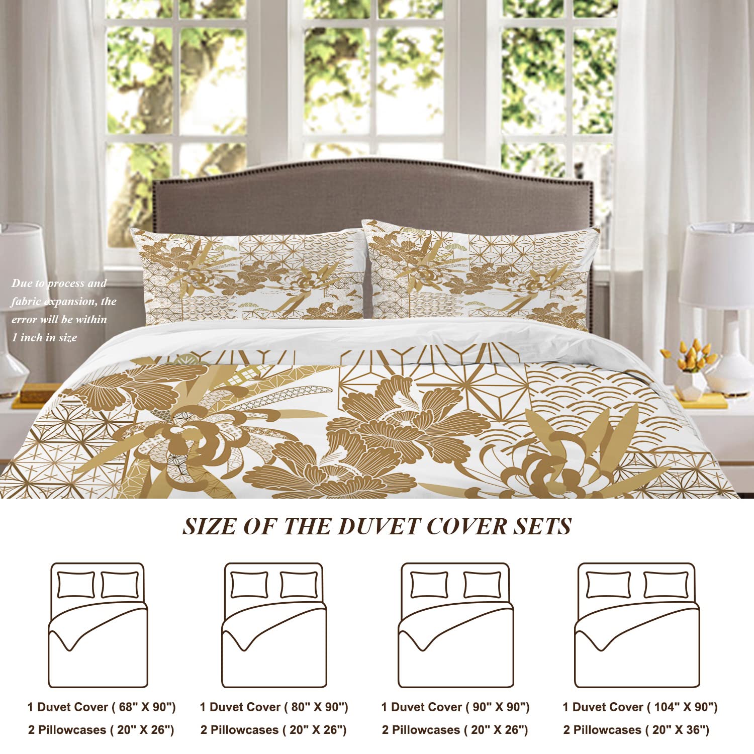 Shrahala Gold Japanese Floral Duvet Cover Set Queen Size, Spring 3 Pieces Soft Brushed 100% Cotton Duvet Covers with Button Closure, 1 Duvet Cover 90x90 inches and 2 Pillow Shams