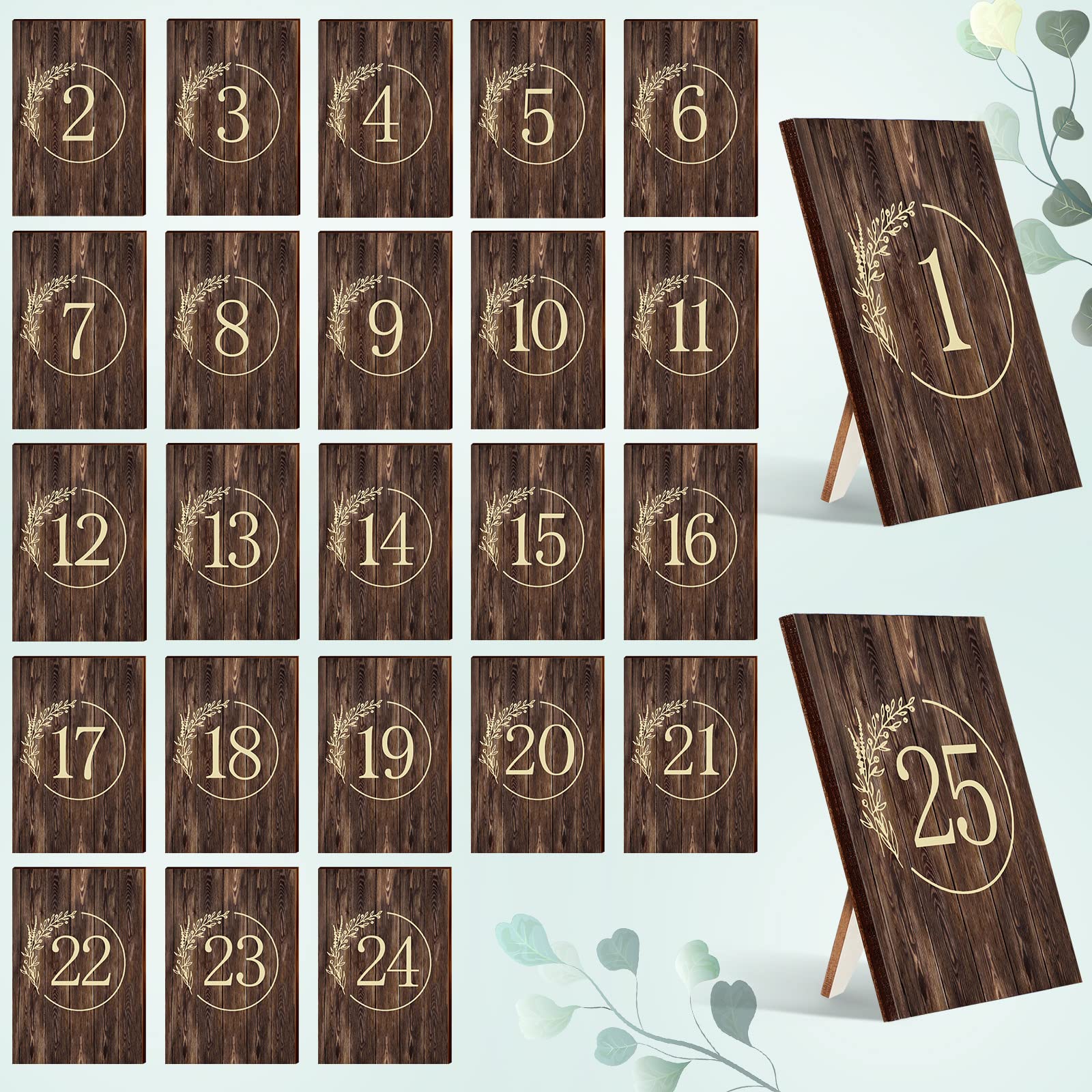 25 Pieces Rustic Wooden Wedding Reception Table Numbers Decors Country Wedding Table Decoration Self Stand Wedding Centerpieces Table Signs for Wedding Bridal Shower Restaurant Decor, Number 1 to 25