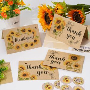 AnyDesign 36 Pack Kraft Sunflower Thank You Cards Assortment Bulk Spring Summer Flower Blank Note Cards with Envelope Stickers Floral Thank You Greeting Cards for Wedding Baby Bridal Shower, 4 x 6