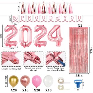 Pawliss 2024 Graduation Decorations Set 95pcs - Includes Pink White Balloons, Graduation Party Photo Props, So Proud of You Banner, Foil Curtain, Tissue Tassels for College High School Party Supplies