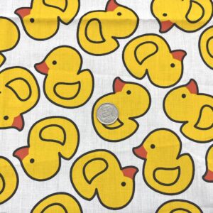 AMORNPHAN 44 Inch Yellow Bird Happy Rubber Duck Printed On White Cotton Fabric Themed Pattern with Ducks for Craft Cloth Kid Patchwork Handmade Sewing Crafting for 1 Yard