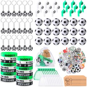 hungdao 158 pcs soccer party favors for 18 kids includes mini bouncy soccer keychain whistle bracelets thank you card stickers organza bag for soccer sports event classroom rewards