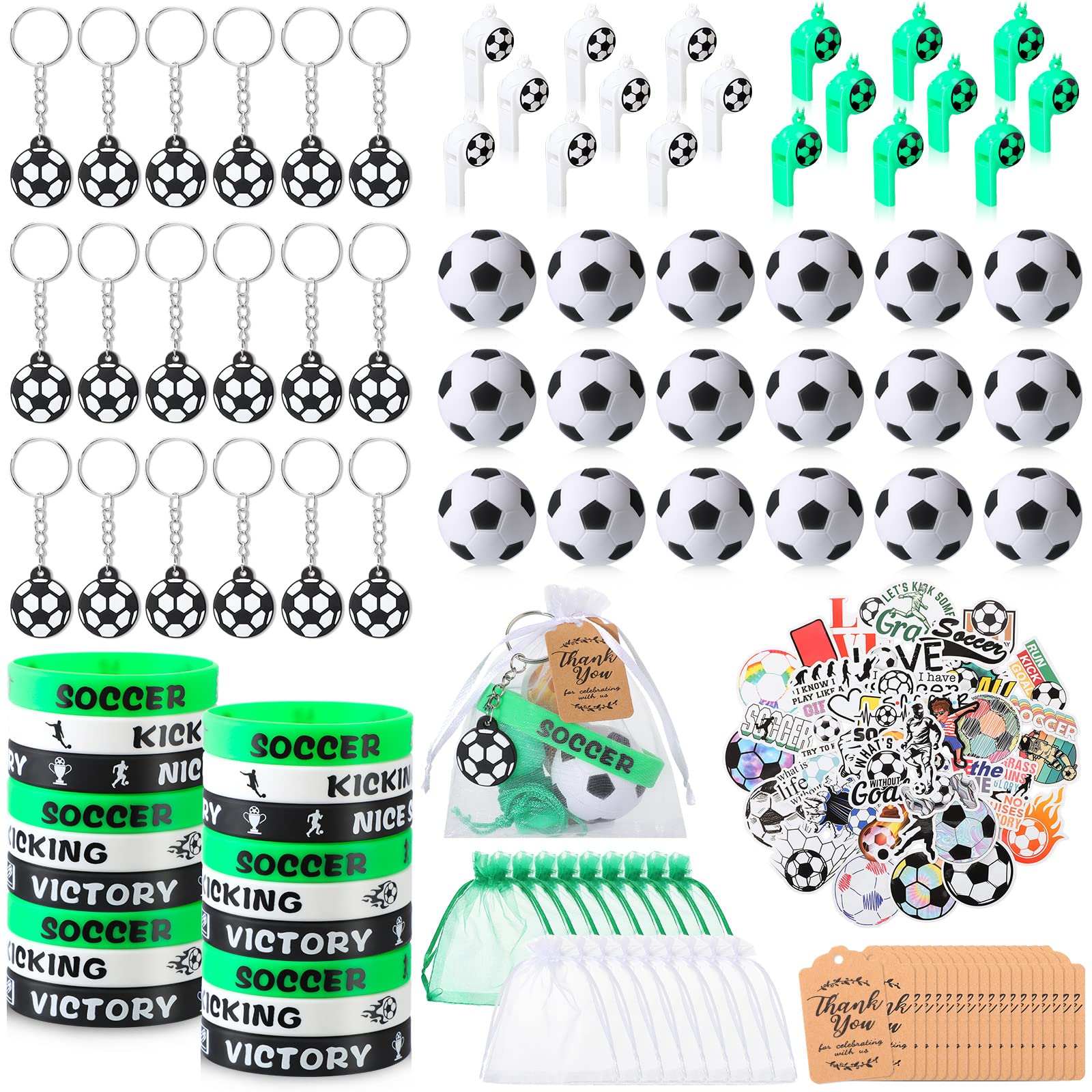 Hungdao 158 Pcs Soccer Party Favors for 18 Kids Includes Mini Bouncy Soccer Keychain Whistle Bracelets Thank You Card Stickers Organza Bag for Soccer Sports Event Classroom Rewards