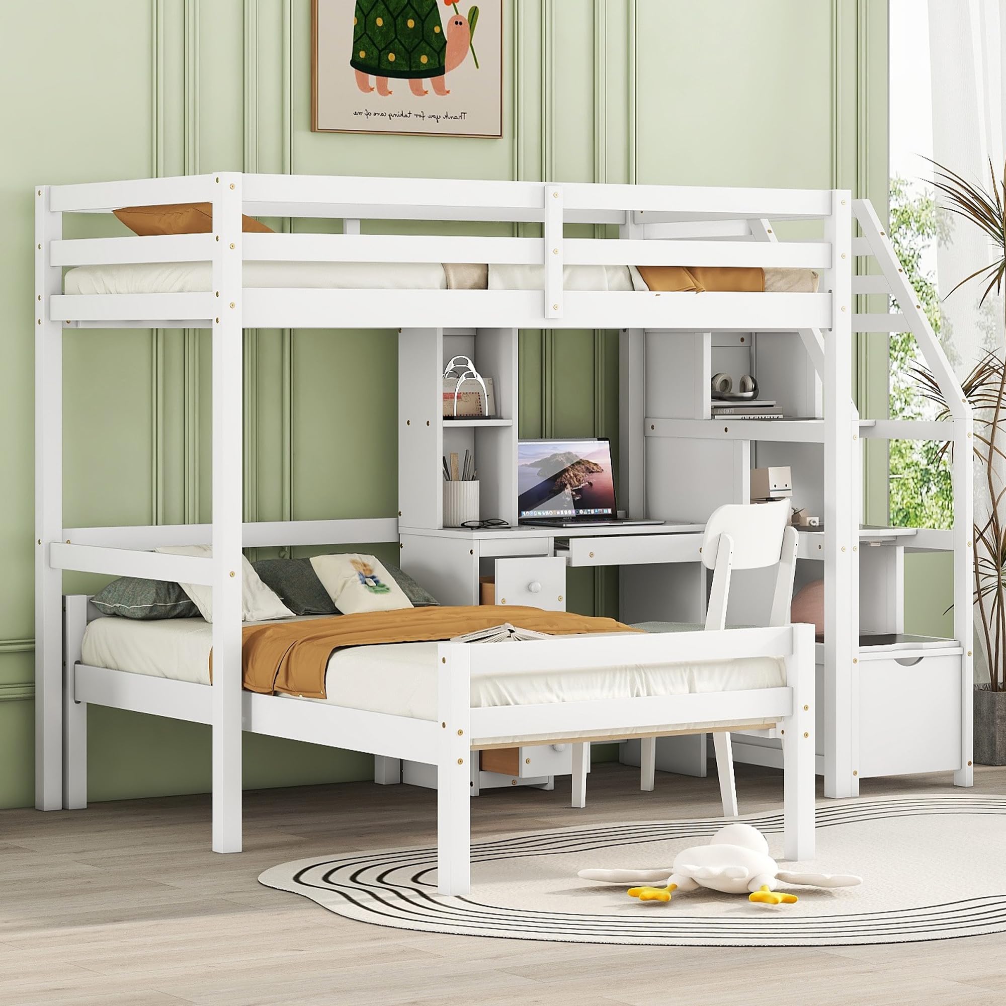 Harper & Bright Designs Twin Size Loft Bed with Stairs, Wood Twin Storage Loft Bed with Desk,Shelves and Drawers,Loft Bed Twin with a Removable Bottom Bed for Kids Girls Boys, White