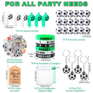 Hungdao 158 Pcs Soccer Party Favors for 18 Kids Includes Mini Bouncy Soccer Keychain Whistle Bracelets Thank You Card Stickers Organza Bag for Soccer Sports Event Classroom Rewards