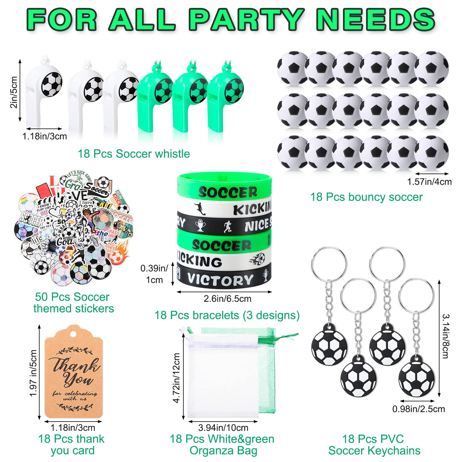 Hungdao 158 Pcs Soccer Party Favors for 18 Kids Includes Mini Bouncy Soccer Keychain Whistle Bracelets Thank You Card Stickers Organza Bag for Soccer Sports Event Classroom Rewards