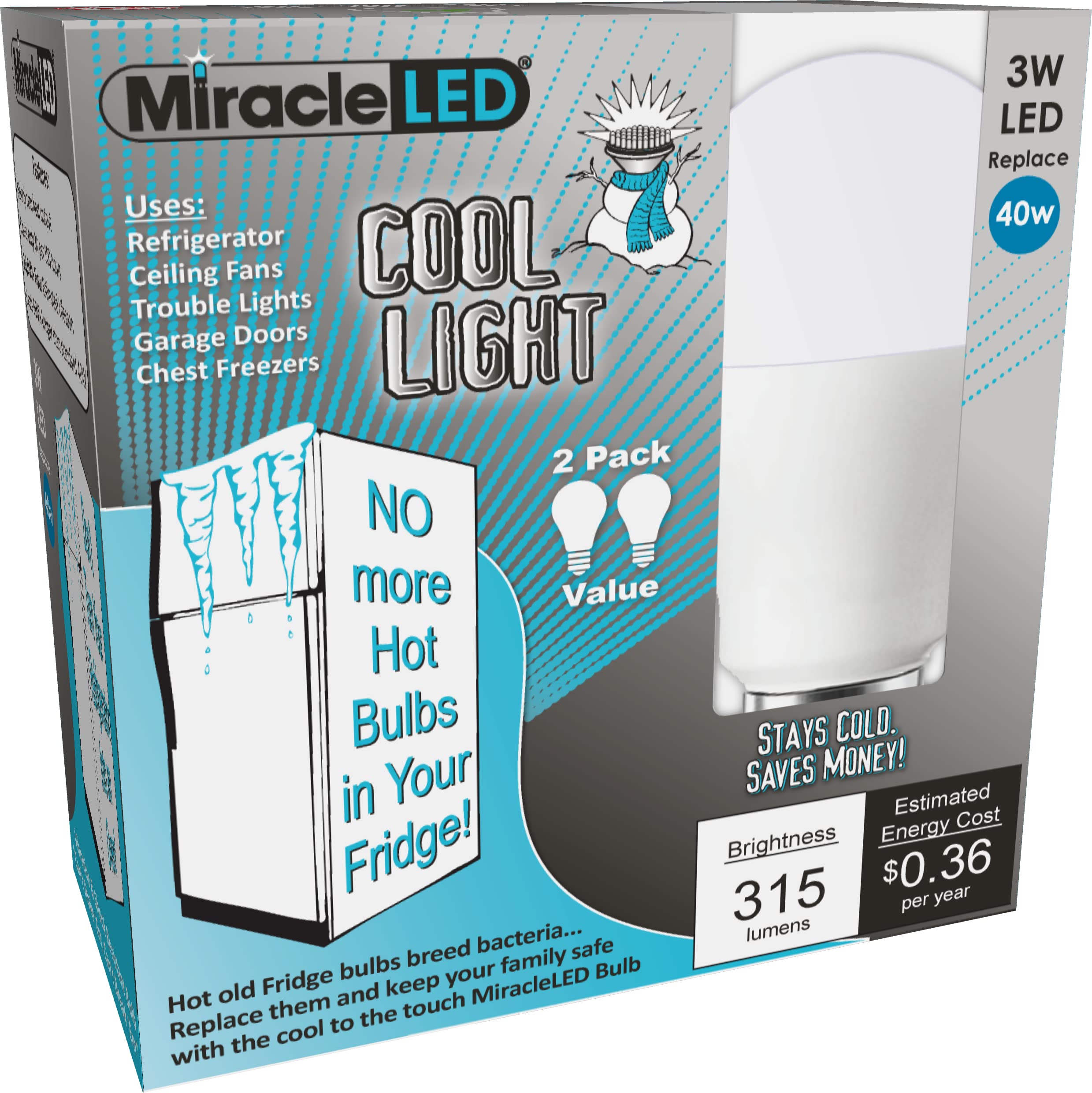 Miracle LED 604011 Refrigerator and Freezer Light, A14, Long Life Energy Saver Bulb, Cool White, 2-Pack Box,