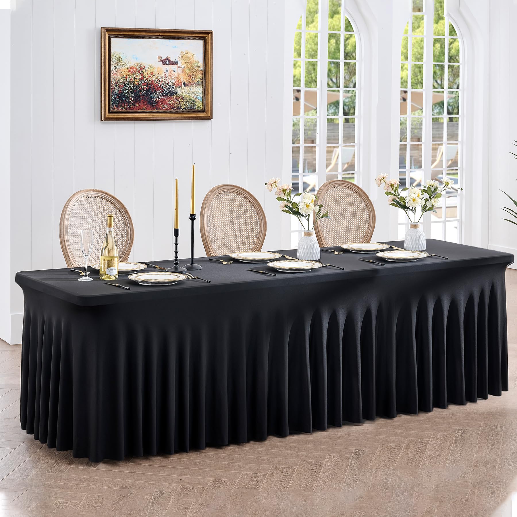 Htper Black Spandex Table Clothes for 8 Foot Rectangle Tables, Wrinkle Free Fitted Table Covers 8ft Stretchy Tablecloths Desk Skirt for Parties Weddings Birthday Banquet Baby Shower