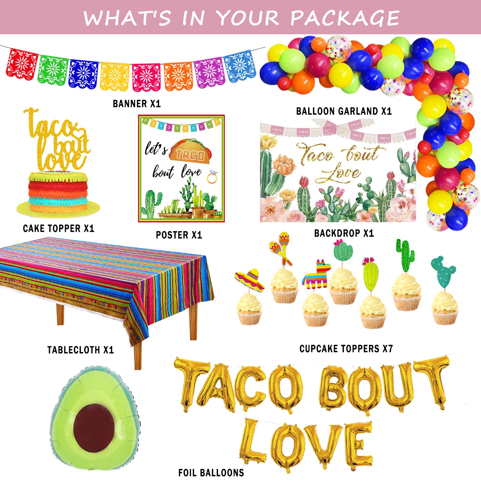 Fiesec Taco Bout Love Decorations, Mexican Themed Engagement Bridal Shower Bachelorette Decorations Backdrop Balloon Garland Banner Tablecloth Cake Cupcake Topper Poster Taco Ring