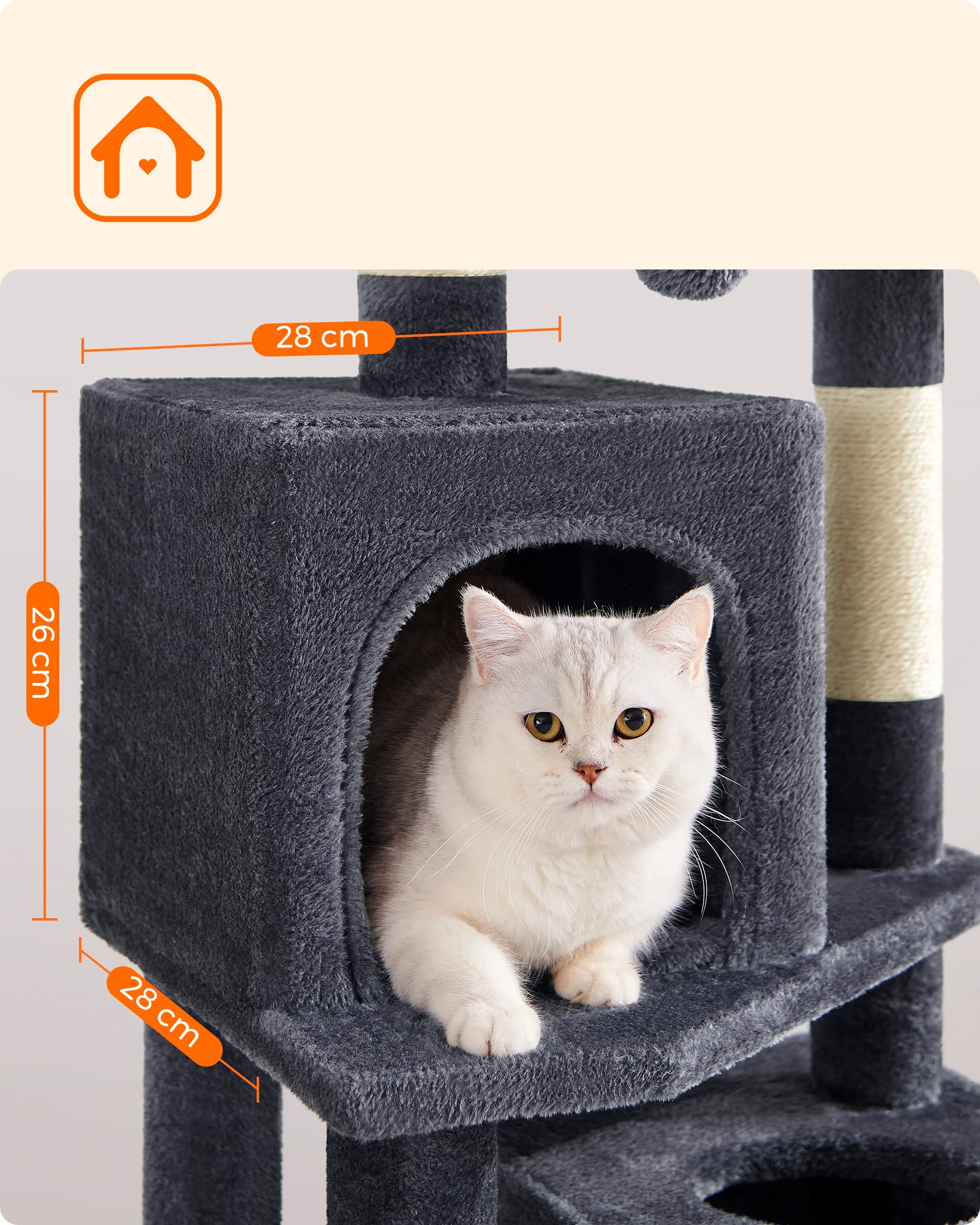 Feandrea Cat Tree, 61-Inch Cat Tower for Indoor Cats, Plush Multi-Level Cat Condo with 5 Scratching Posts, 2 Perches, 2 Caves, Hammock, 2 Pompoms, Smoky Gray UPCT192G01