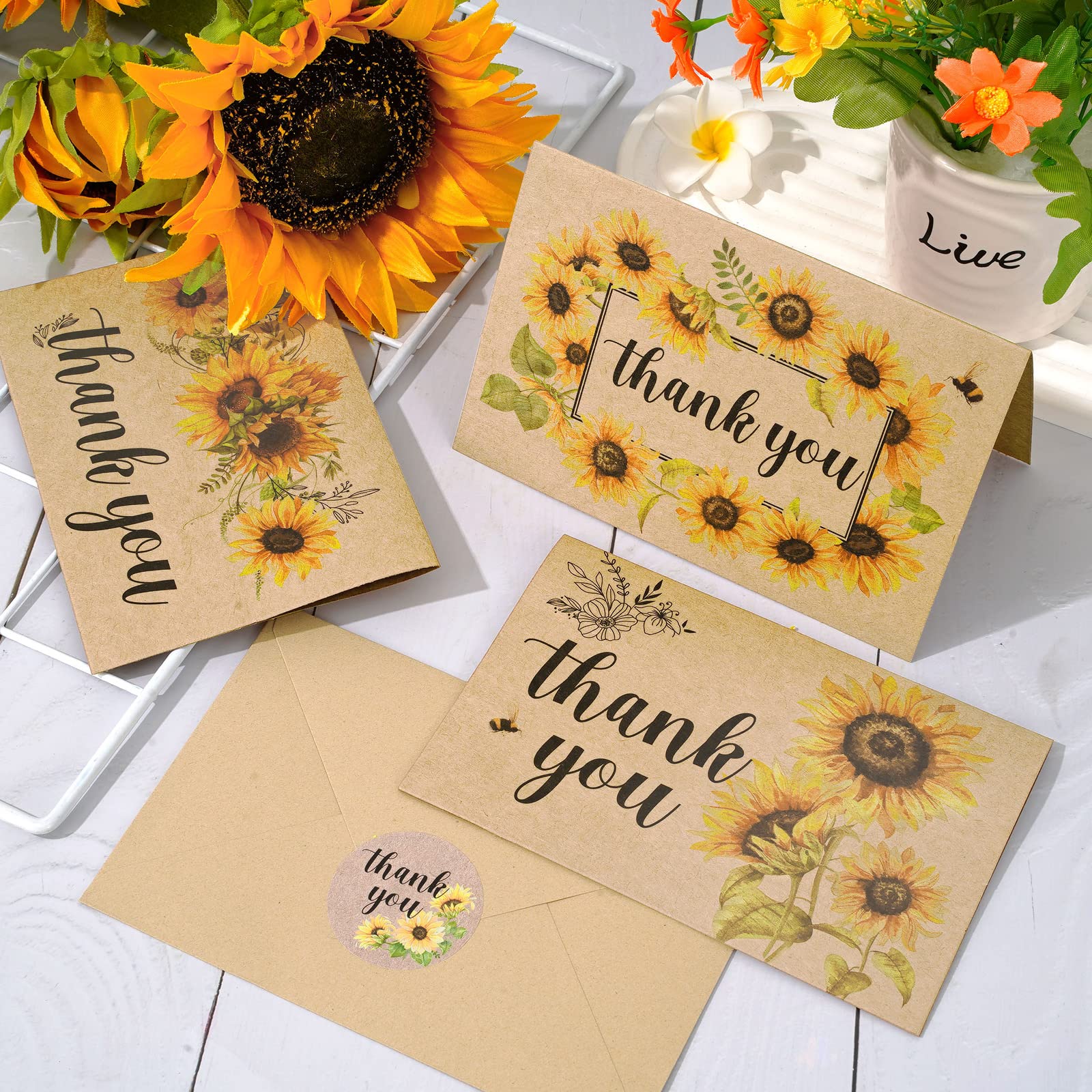 AnyDesign 36 Pack Kraft Sunflower Thank You Cards Assortment Bulk Spring Summer Flower Blank Note Cards with Envelope Stickers Floral Thank You Greeting Cards for Wedding Baby Bridal Shower, 4 x 6