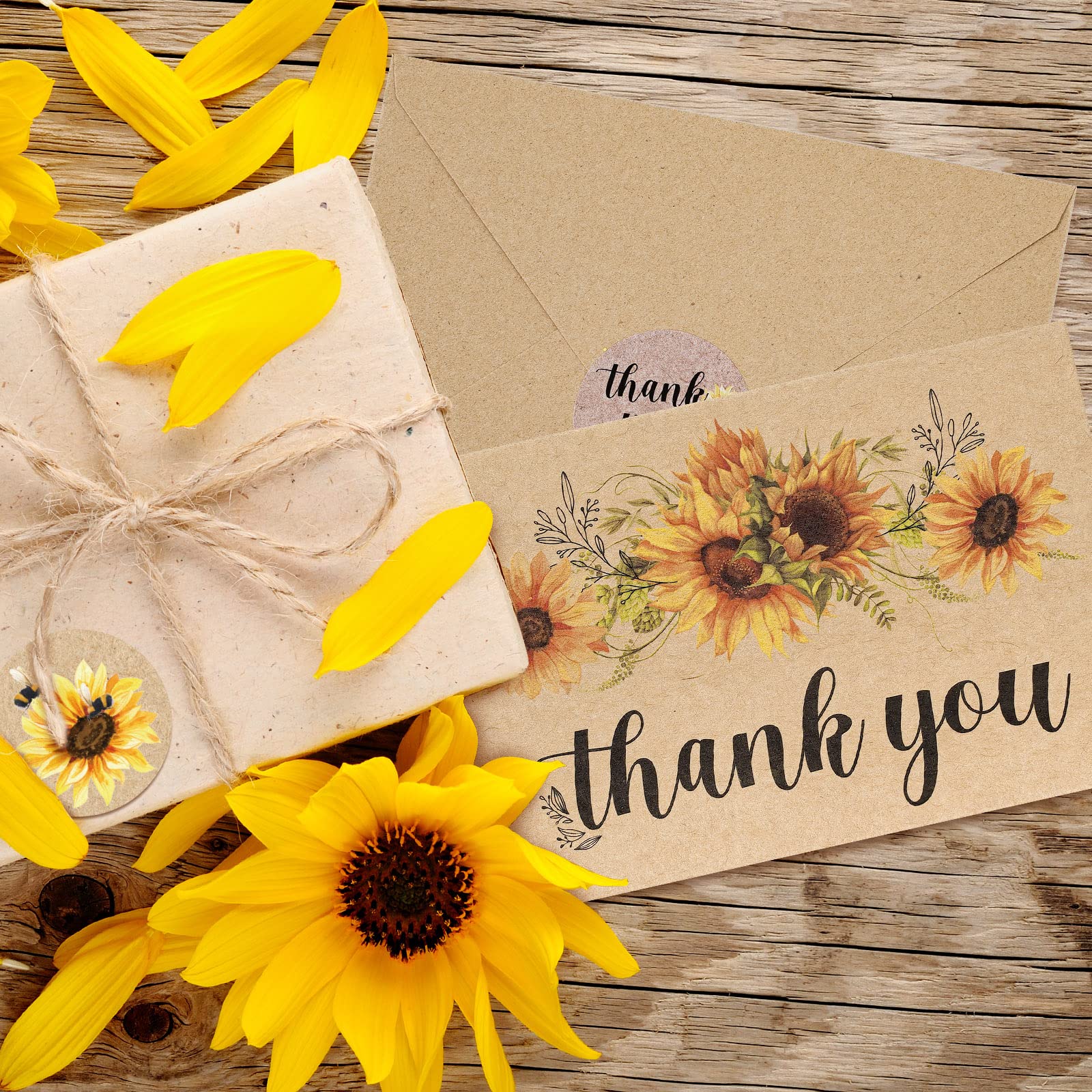 AnyDesign 36 Pack Kraft Sunflower Thank You Cards Assortment Bulk Spring Summer Flower Blank Note Cards with Envelope Stickers Floral Thank You Greeting Cards for Wedding Baby Bridal Shower, 4 x 6