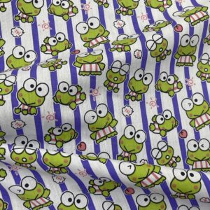 AMORNPHAN 44 Inch Green Keroro Happy Frog Cartoon Purple Stripes Printed On White Cotton Fabric Themed Pattern with Frogs for Craft Decorative Kid Patchwork Handmade Sewing Crafting for 1 Yard