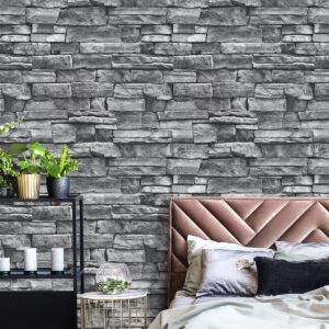 Nukofal Grey Brick Wallpaper Peel and Stick Gray Stone Contact Paper 17.7"x118.1" Faux Brick Contact Paper Backsplash Wallpaper Stone Self Adhesive Wallpaper Removable for Kitchen Textured Vinyl