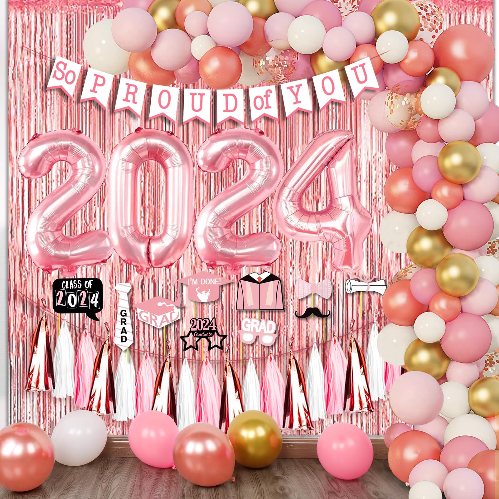 Pawliss 2024 Graduation Decorations Set 95pcs - Includes Pink White Balloons, Graduation Party Photo Props, So Proud of You Banner, Foil Curtain, Tissue Tassels for College High School Party Supplies