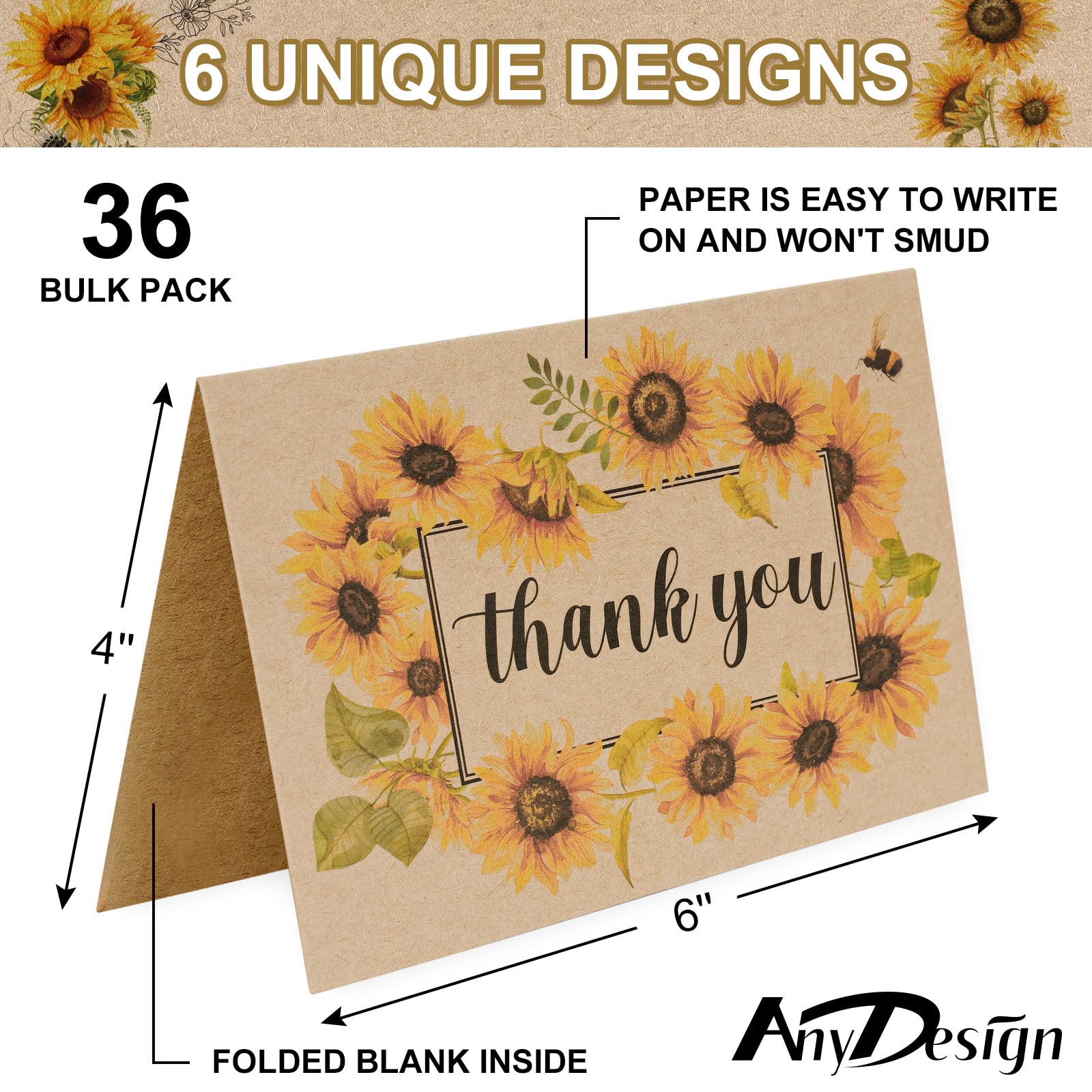 AnyDesign 36 Pack Kraft Sunflower Thank You Cards Assortment Bulk Spring Summer Flower Blank Note Cards with Envelope Stickers Floral Thank You Greeting Cards for Wedding Baby Bridal Shower, 4 x 6