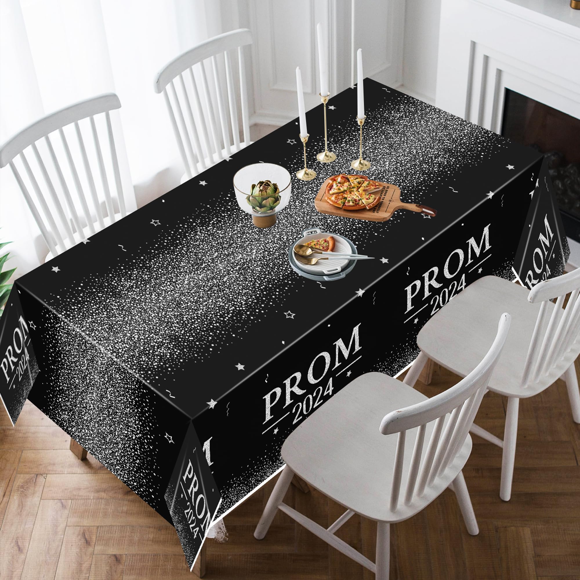 MALLMALL6 3 Pieces Prom 2024 Silver Party Tablecloths for Graduates Congrats Graduation Party Supplies Decorations Table Cloth, Plastic Table Cover Black and Silver for Grad Party Decors, 86×51 inch