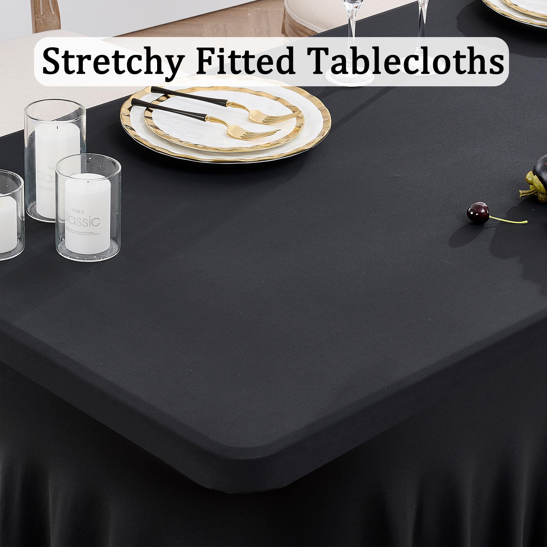 Htper Black Spandex Table Clothes for 8 Foot Rectangle Tables, Wrinkle Free Fitted Table Covers 8ft Stretchy Tablecloths Desk Skirt for Parties Weddings Birthday Banquet Baby Shower