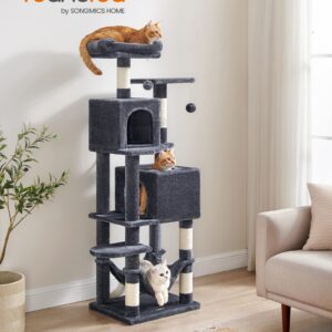 Feandrea Cat Tree, 61-Inch Cat Tower for Indoor Cats, Plush Multi-Level Cat Condo with 5 Scratching Posts, 2 Perches, 2 Caves, Hammock, 2 Pompoms, Smoky Gray UPCT192G01