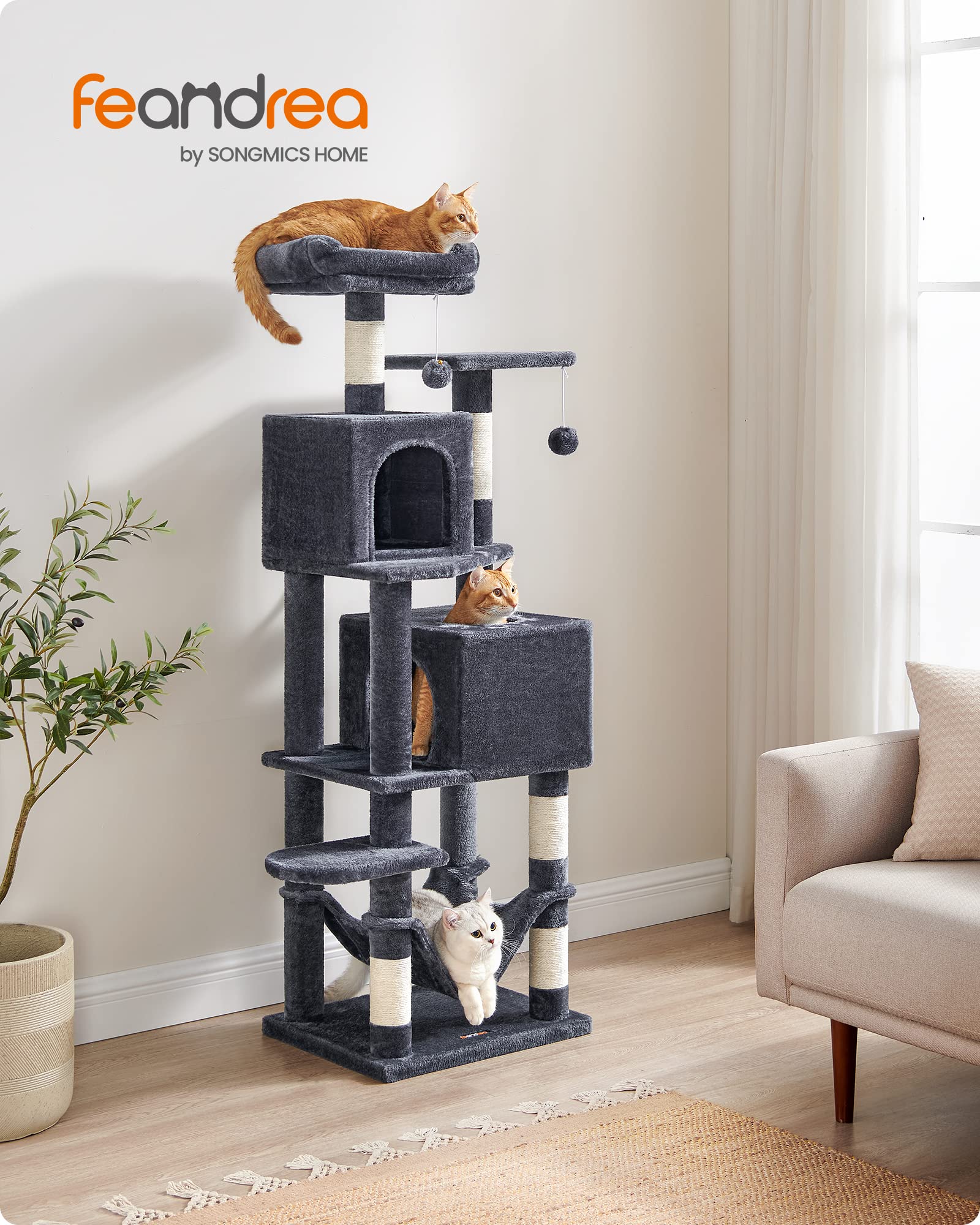 Feandrea Cat Tree, 61-Inch Cat Tower for Indoor Cats, Plush Multi-Level Cat Condo with 5 Scratching Posts, 2 Perches, 2 Caves, Hammock, 2 Pompoms, Smoky Gray UPCT192G01