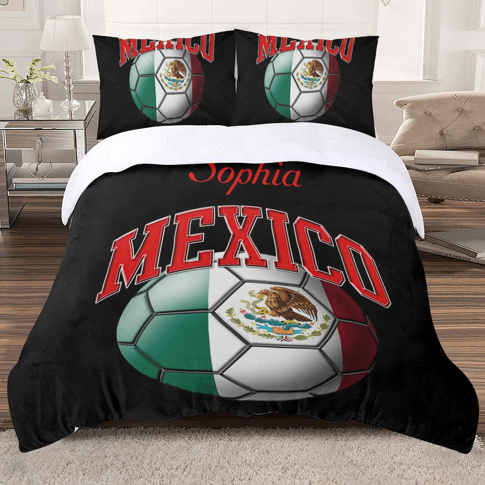 CUXWEOT Mexico Mexican Flag Soccer Ball Custom 3 Piece Bedding Sets King Size Personalized Duvet Cover Set Quilt Cover Besclothes with Name