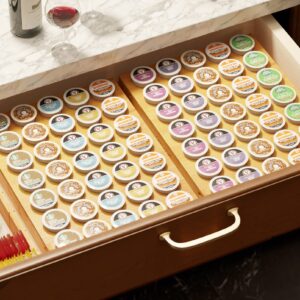 SpaceAid Bamboo K Cup Drawer Organizer Insert, Kitchen K Cups Coffee Pod Holder Tray Organizers for Kcup Coffee Station Drawer Storage Organization (35 Slots)