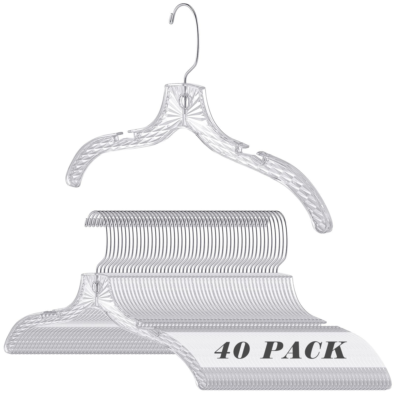 40 Pieces Clear Plastic Clothes Hangers Acrylic Crystal Cut Hangers for Clothing Closet Coats, Non Slip Plastic Hangers for Dress Suit Shirts Jacket, Thick, Tough, Space Saving