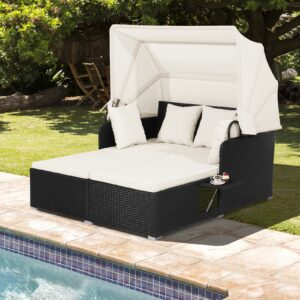 HAPPYGRILL Outdoor Hand-Woven PE Wicker Daybed Patio Loveseat Sofa Set with Retractable Canopy & 2 Side Tables, Outdoor Sun Lounger with Soft Cushions