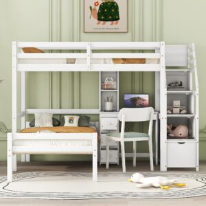 Harper & Bright Designs Twin Size Loft Bed with Stairs, Wood Twin Storage Loft Bed with Desk,Shelves and Drawers,Loft Bed Twin with a Removable Bottom Bed for Kids Girls Boys, White