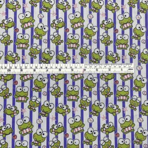 AMORNPHAN 44 Inch Green Keroro Happy Frog Cartoon Purple Stripes Printed On White Cotton Fabric Themed Pattern with Frogs for Craft Decorative Kid Patchwork Handmade Sewing Crafting for 1 Yard