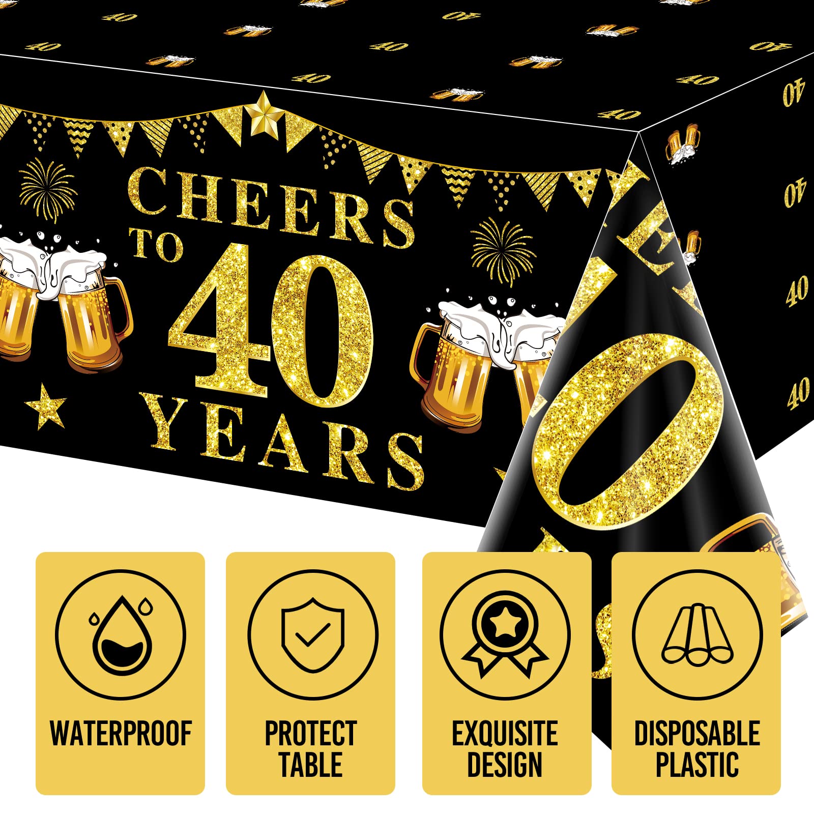 Turypaty 3 Pack Black Gold 40th Birthday Tablecloth Decorations for Men Women, Cheers to 40 Years Table Cover Party Supplies, Forty Years Old Birthday Anniversary Disposable Rectangular Table Ware