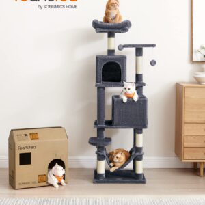 Feandrea Cat Tree, 61-Inch Cat Tower for Indoor Cats, Plush Multi-Level Cat Condo with 5 Scratching Posts, 2 Perches, 2 Caves, Hammock, 2 Pompoms, Smoky Gray UPCT192G01